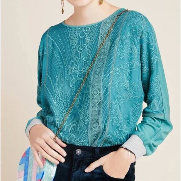 Anthropologie Tiny Kate Lace Embroidered Dolman Top Sz XS Teal Green Mixed Media - Picture 1 of 14